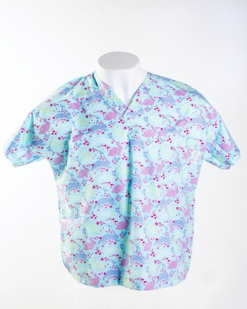 Multicoloured Rabbits Short Sleeve Medical Scrub Top 100% Cotton