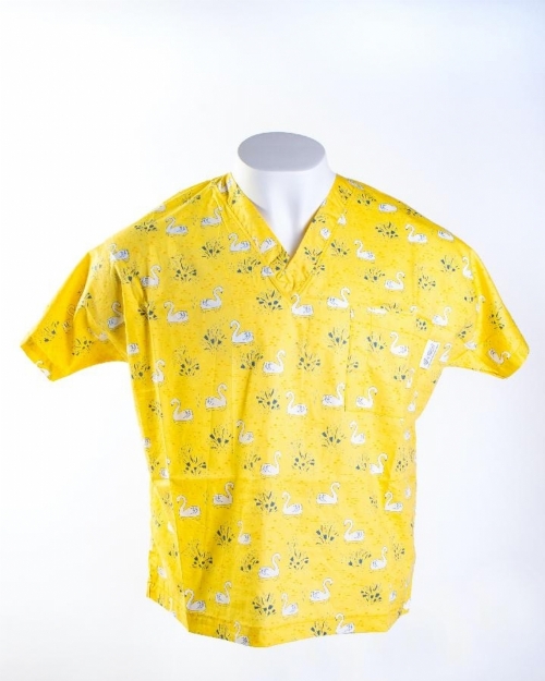 Yellow Majestic Swan Short Sleeve Medical Scrub Top 100% Cotton