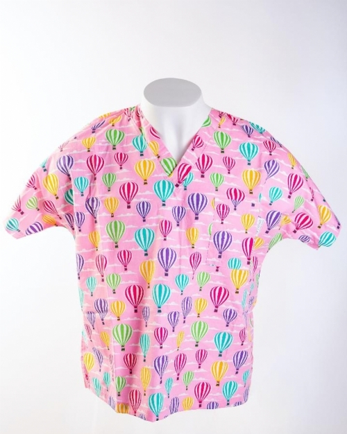 Pink Hot Air Balloons Short Sleeve Medical Scrub Top 100% Cotton