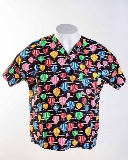 Black Hot Air Balloons Short Sleeve Medical Scrub Top 100% Cotton