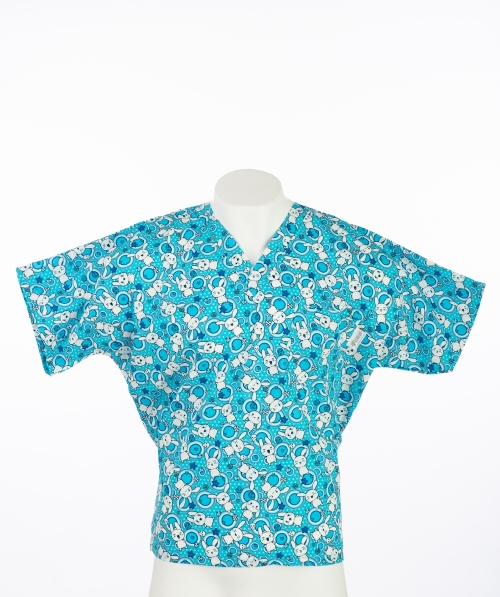 Blue Space Bunnies Short Sleeve Medical Scrub Top 100% Cotton