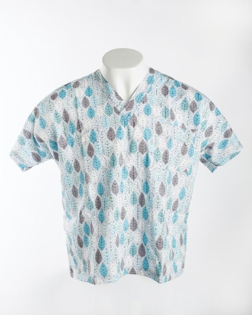 Summer Leaves Blue Short Sleeve Medical Scrub Top 100% Cotton