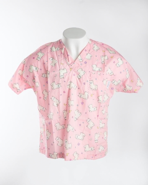 Pink Baby Llama Short Sleeve Medical Scrub Top 100% Cotton