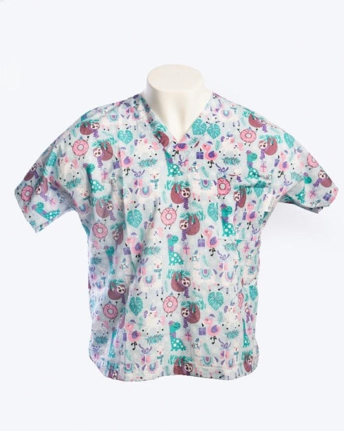 Little Johnny - Sloths Xmas Party Short Sleeve Scrub Top 100% Cotton