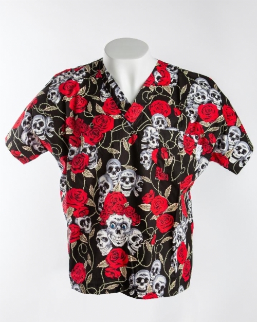 Skull & Rose Halloween Short Sleeve Scrub Top 100% Cotton